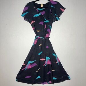 VTG Abstract Print Midi Dress Women Small Black Purple Teal Flutter Artsy Ruffle